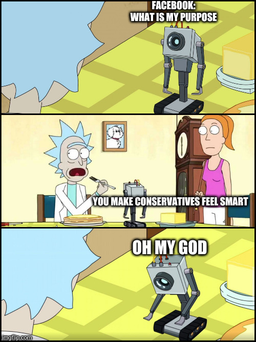Rick and Morty Butter | FACEBOOK:
WHAT IS MY PURPOSE; YOU MAKE CONSERVATIVES FEEL SMART; OH MY GOD | image tagged in rick and morty butter | made w/ Imgflip meme maker
