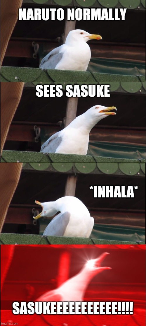 Inhaling Seagull | NARUTO NORMALLY; SEES SASUKE; *INHALA*; SASUKEEEEEEEEEEE!!!! | image tagged in memes,inhaling seagull | made w/ Imgflip meme maker