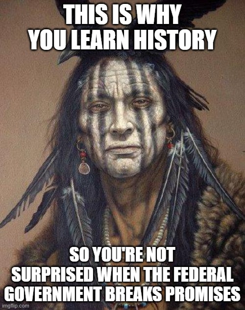 History rerpeating itself | THIS IS WHY YOU LEARN HISTORY; SO YOU'RE NOT SURPRISED WHEN THE FEDERAL GOVERNMENT BREAKS PROMISES | image tagged in native american | made w/ Imgflip meme maker
