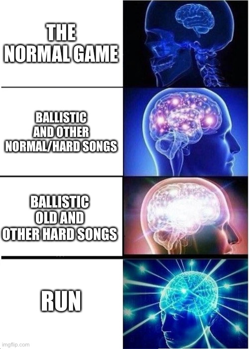 Haha bob mod go brrrr | THE NORMAL GAME; BALLISTIC AND OTHER NORMAL/HARD SONGS; BALLISTIC OLD AND OTHER HARD SONGS; RUN | image tagged in memes,expanding brain,friday night funkin,fnf bob | made w/ Imgflip meme maker