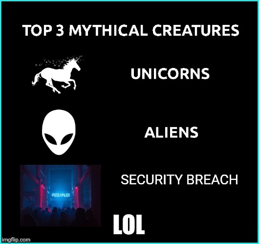 top 3 mythical creatures | SECURITY BREACH; LOL | image tagged in top 3 mythical creatures | made w/ Imgflip meme maker