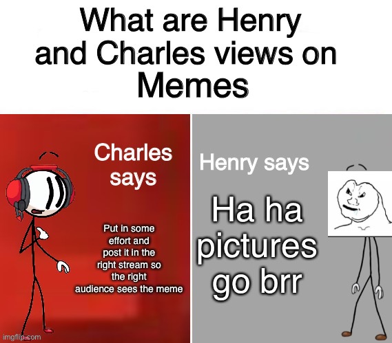 Henry and Charles Views | Memes; Ha ha pictures go brr; Put in some effort and post it in the right stream so the right audience sees the meme | image tagged in henry and charles views | made w/ Imgflip meme maker