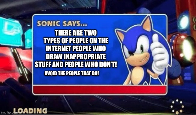 Sonic Says | THERE ARE TWO TYPES OF PEOPLE ON THE INTERNET PEOPLE WHO DRAW INAPPROPRIATE STUFF AND PEOPLE WHO DON’T! AVOID THE PEOPLE THAT DO! | image tagged in sonic says | made w/ Imgflip meme maker