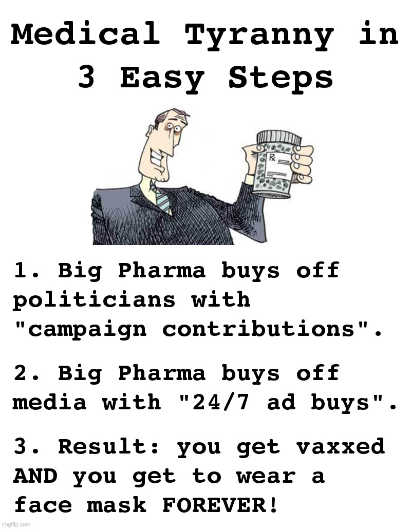 Medical Tyranny in 3 Easy Steps | image tagged in big pharma,politicians,mainstream media,vaccines,face mask,forever | made w/ Imgflip meme maker