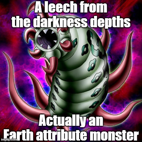 Misleading monster attribute 3 | A leech from the darkness depths; Actually an Earth attribute monster | image tagged in yugioh | made w/ Imgflip meme maker