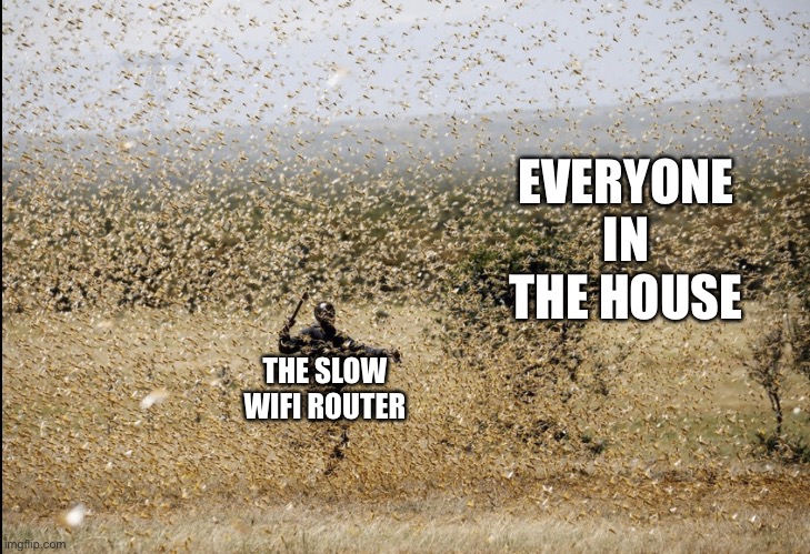 A slow WiFi router gave me this idea | EVERYONE IN THE HOUSE; THE SLOW WIFI ROUTER | image tagged in locust swarm,wifi,swarm,why are you reading this | made w/ Imgflip meme maker