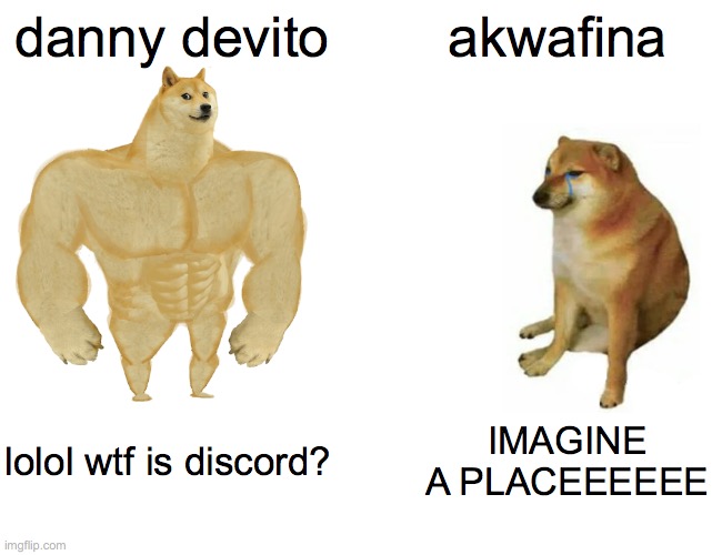 why is no one talking about the discord ad- | danny devito; akwafina; lolol wtf is discord? IMAGINE A PLACEEEEEE | image tagged in memes,buff doge vs cheems | made w/ Imgflip meme maker