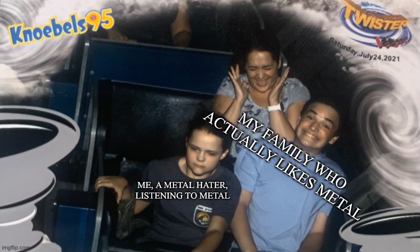 Uploaded an image (edited) | MY FAMILY WHO ACTUALLY LIKES METAL; ME, A METAL HATER, LISTENING TO METAL | image tagged in amusement park | made w/ Imgflip meme maker