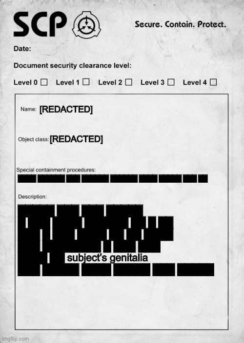 made a fanmade scp entry, what do you guys think? | [REDACTED]; [REDACTED]; ████ ██████ ███ ██████ ██████ ████ █████ ███ ██; █████ ███ ███ █████ █ ███ ████ ██████ ██ █ ██ ███ █ ███ ████ ██ ██ ████ ███ ████████ █ ███ ███ ████ ██ subject’s genitalia ███ █████ ████ █████ ███ █████ | image tagged in scp document | made w/ Imgflip meme maker