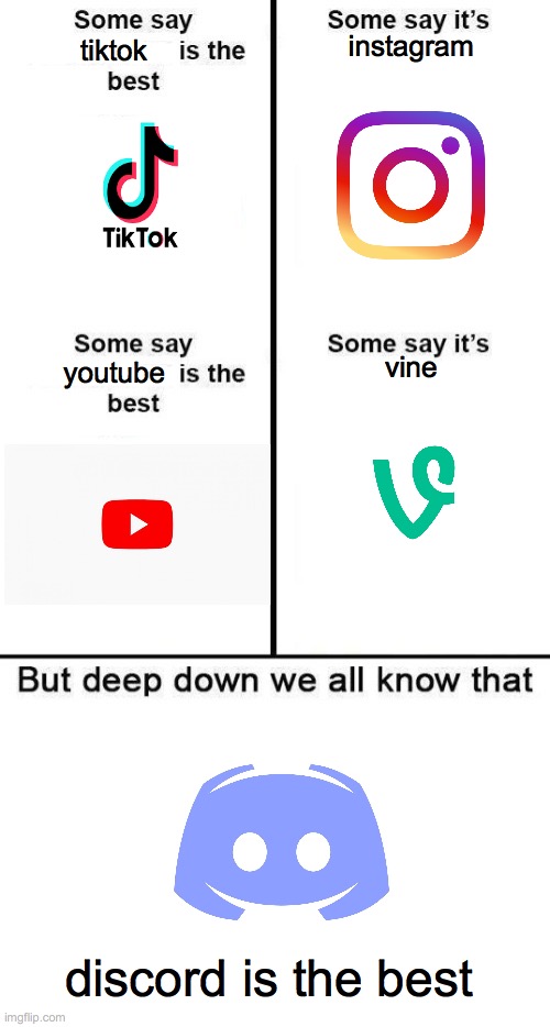 fight. me. rn. | instagram; tiktok; vine; youtube; discord is the best | image tagged in deep down we all know that 4 panel is the best | made w/ Imgflip meme maker