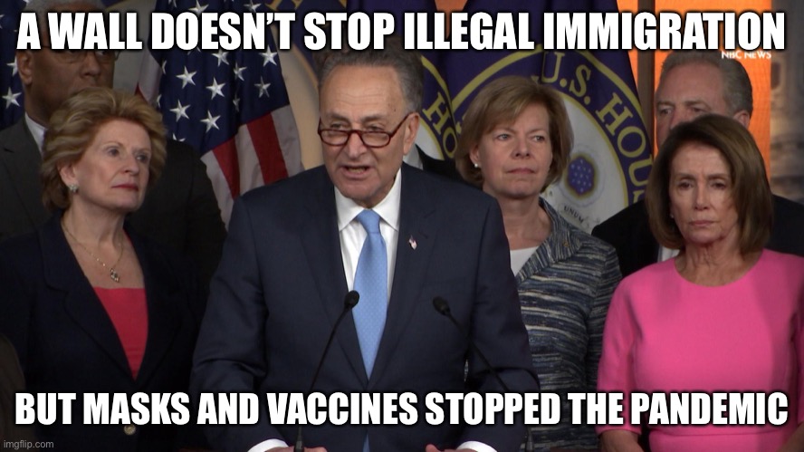 Democrat congressmen | A WALL DOESN’T STOP ILLEGAL IMMIGRATION BUT MASKS AND VACCINES STOPPED THE PANDEMIC | image tagged in democrat congressmen | made w/ Imgflip meme maker