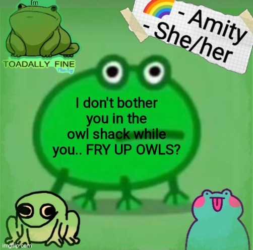 Amity | I don't bother you in the owl shack while you.. FRY UP OWLS? | image tagged in amity | made w/ Imgflip meme maker