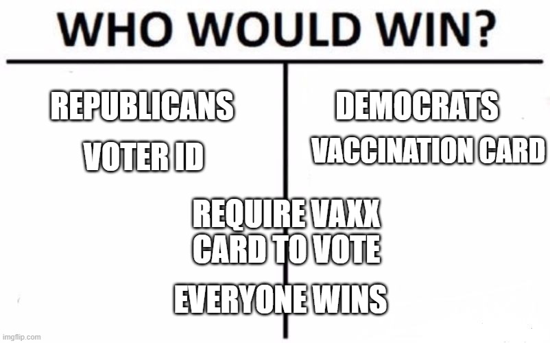 Who Would Win? Meme | REPUBLICANS; DEMOCRATS; VACCINATION CARD; VOTER ID; REQUIRE VAXX CARD TO VOTE; EVERYONE WINS | image tagged in memes,who would win,vaccine,voter fraud,election,political | made w/ Imgflip meme maker