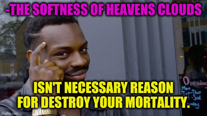 -Against any betrayals. | -THE SOFTNESS OF HEAVENS CLOUDS; ISN'T NECESSARY REASON FOR DESTROY YOUR MORTALITY. | image tagged in memes,roll safe think about it,suicide is badass,super heaven,anti-religious,it's enough to make a grown man cry and that's ok | made w/ Imgflip meme maker