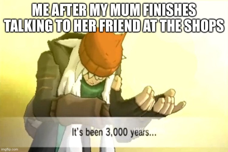 It's been 3000 years | ME AFTER MY MUM FINISHES TALKING TO HER FRIEND AT THE SHOPS | image tagged in it's been 3000 years | made w/ Imgflip meme maker