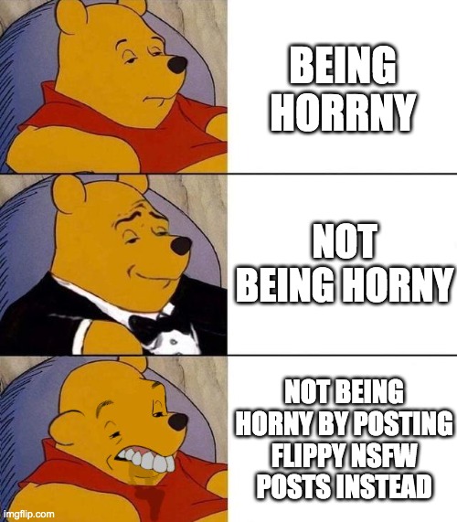 Best,Better, Blurst | BEING HORRNY; NOT BEING HORNY; NOT BEING HORNY BY POSTING FLIPPY NSFW POSTS INSTEAD | image tagged in best better blurst | made w/ Imgflip meme maker
