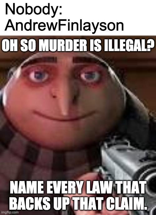 And once you give him proof he just refuses to accept it as valid for whatever dumb reason he can think of. | Nobody:
AndrewFinlayson; OH SO MURDER IS ILLEGAL? NAME EVERY LAW THAT BACKS UP THAT CLAIM. | image tagged in gru with gun,funny,memes,politics | made w/ Imgflip meme maker