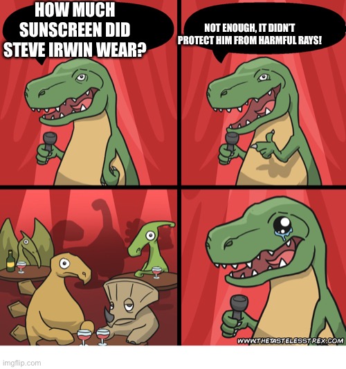 And I wonder why I’m single | HOW MUCH SUNSCREEN DID STEVE IRWIN WEAR? NOT ENOUGH, IT DIDN’T PROTECT HIM FROM HARMFUL RAYS! | image tagged in t rex standup comedy crying | made w/ Imgflip meme maker