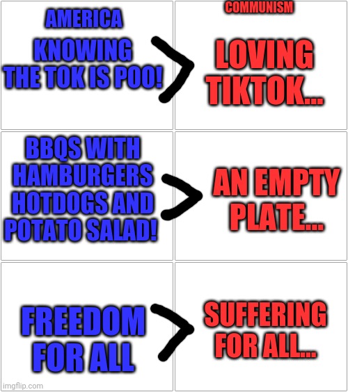 KNOWING THE TOK IS POO! LOVING TIKTOK... BBQS WITH HAMBURGERS HOTDOGS AND POTATO SALAD! AN EMPTY PLATE... FREEDOM FOR ALL SUFFERING FOR ALL. | image tagged in memes,blank comic panel 2x2 | made w/ Imgflip meme maker