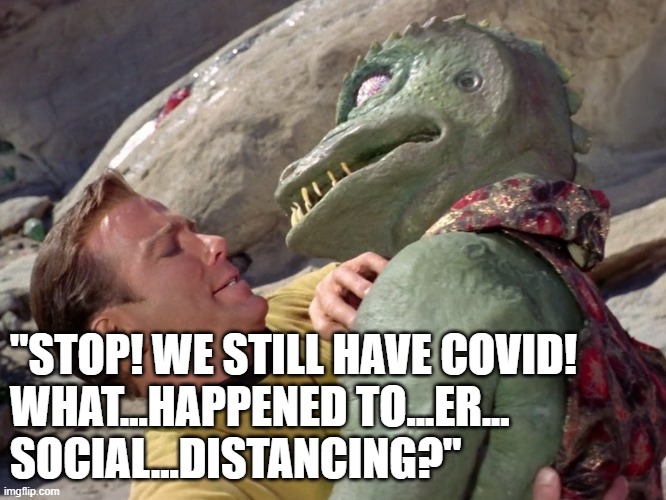 Star Trek COVID meme: Kirk to Gorn, "STOP! WE STILL HAVE COVID! WHAT...HAPPENED TO...ER...SOCIAL...DISTANCING?" | "STOP! WE STILL HAVE COVID! 
WHAT...HAPPENED TO...ER...
SOCIAL...DISTANCING?" | image tagged in memes,funny memes,political meme,covid-19,star trek,captain kirk | made w/ Imgflip meme maker
