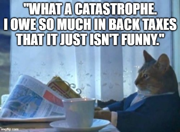 Funny cat meme: "What a CATASTROPHE. I owe so much in back taxes that it just isn't funny." | "WHAT A CATASTROPHE. I OWE SO MUCH IN BACK TAXES THAT IT JUST ISN'T FUNNY." | image tagged in memes,i should buy a boat cat,funny memes,funny animals,funny cat memes,taxes | made w/ Imgflip meme maker