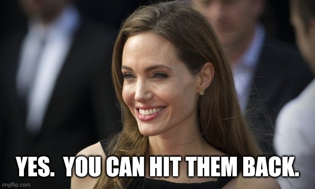 angelina jolie |  YES.  YOU CAN HIT THEM BACK. | image tagged in angelina jolie | made w/ Imgflip meme maker