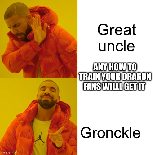 Drake Hotline Bling Meme | Great uncle Gronckle ANY HOW TO TRAIN YOUR DRAGON FANS WILLL GET IT | image tagged in memes,drake hotline bling | made w/ Imgflip meme maker