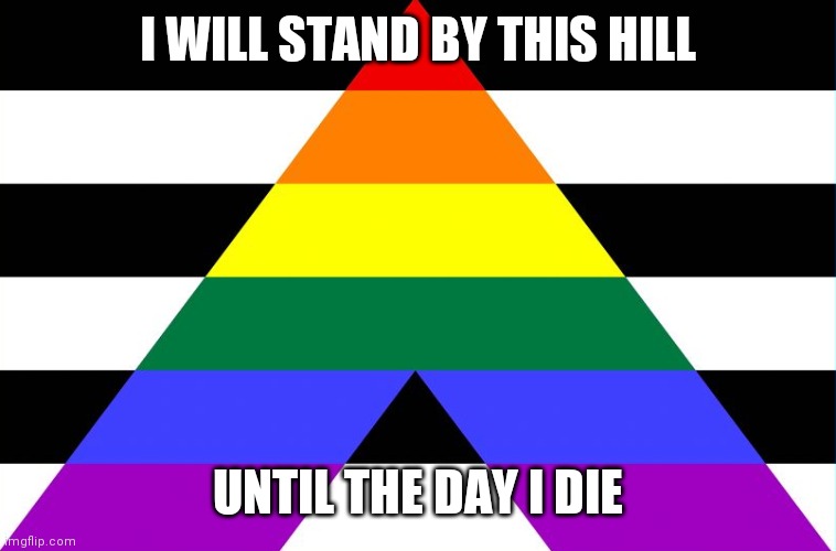 Also making SFW because I really don't care about the person insulting allies | I WILL STAND BY THIS HILL; UNTIL THE DAY I DIE | image tagged in straight ally flag | made w/ Imgflip meme maker