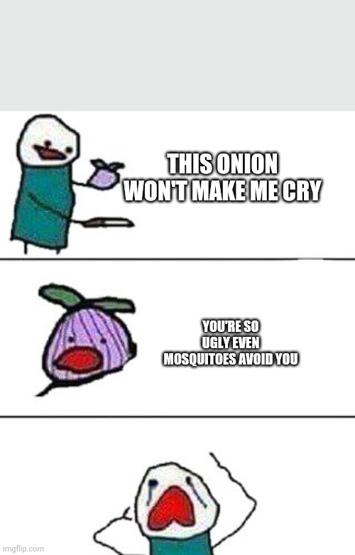 this onion won't make me cry | THIS ONION WON'T MAKE ME CRY; YOU'RE SO UGLY EVEN MOSQUITOES AVOID YOU | image tagged in this onion won't make me cry | made w/ Imgflip meme maker