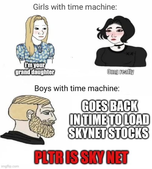 Pltr is skynet | Omg really; I'm your grand daughter; GOES BACK IN TIME TO LOAD SKYNET STOCKS; PLTR IS SKY NET | image tagged in time machine | made w/ Imgflip meme maker