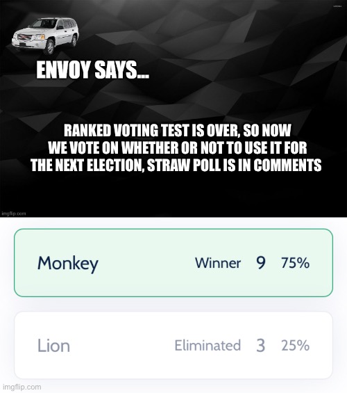 RANKED VOTING TEST IS OVER, SO NOW WE VOTE ON WHETHER OR NOT TO USE IT FOR THE NEXT ELECTION, STRAW POLL IS IN COMMENTS | image tagged in envoy says | made w/ Imgflip meme maker