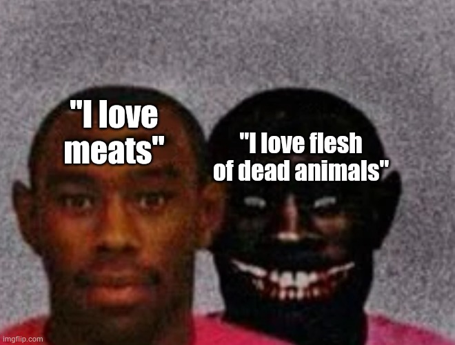 Same meaning but scarier | "I love meats"; "I love flesh of dead animals" | image tagged in good tyler and bad tyler | made w/ Imgflip meme maker