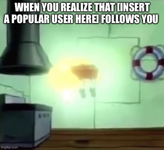 Spongebob Ascends |  WHEN YOU REALIZE THAT [INSERT A POPULAR USER HERE] FOLLOWS YOU | image tagged in spongebob ascends | made w/ Imgflip meme maker