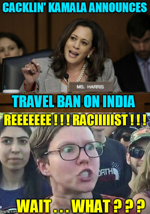 I mean, kinda like Orange Man Bad and that China place, remember? | CACKLIN' KAMALA ANNOUNCES; TRAVEL BAN ON INDIA; REEEEEEE ! ! ! RACIIIIIST ! ! ! WAIT . . . WHAT ? ? ? | image tagged in kamala harris,triggered liberal,racism,joe biden,covid-19 travel ban,global pandemic | made w/ Imgflip meme maker
