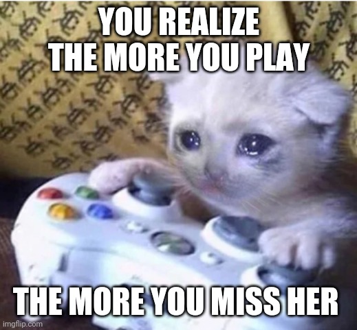 Sad gaming cat | YOU REALIZE THE MORE YOU PLAY; THE MORE YOU MISS HER | image tagged in sad gaming cat | made w/ Imgflip meme maker