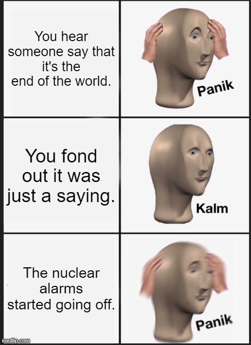 bruh imagine you hear someone saying it's the end of the world and a few minutes later this happens | You hear someone say that it's the end of the world. You fond out it was just a saying. The nuclear alarms started going off. | image tagged in memes,panik kalm panik | made w/ Imgflip meme maker