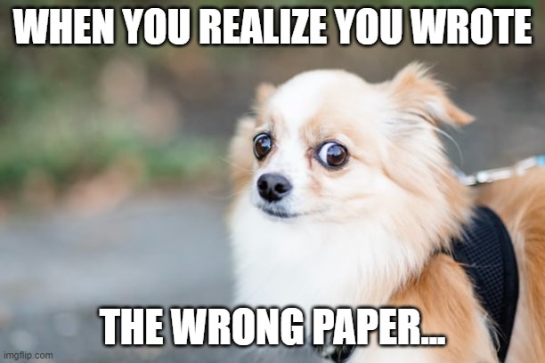 Realizing You Wrote the Wrong Paper | WHEN YOU REALIZE YOU WROTE; THE WRONG PAPER... | image tagged in writing,essays,mistakes | made w/ Imgflip meme maker
