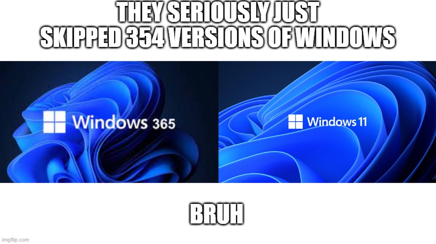 yes ik its to do with office 365 |  THEY SERIOUSLY JUST SKIPPED 354 VERSIONS OF WINDOWS; BRUH | image tagged in windows,memes,jokes,please don't get wooshed | made w/ Imgflip meme maker