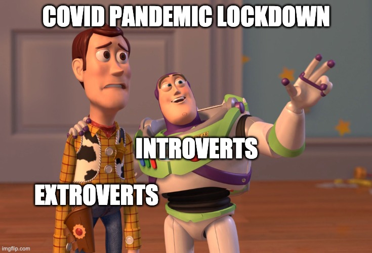 Poor extroverts. | COVID PANDEMIC LOCKDOWN; INTROVERTS; EXTROVERTS | image tagged in memes,x x everywhere,introvert,covid-19,coronavirus,corona | made w/ Imgflip meme maker
