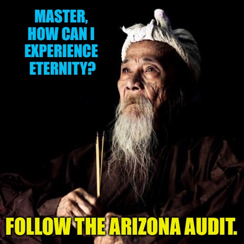 Eternity | MASTER, 
HOW CAN I 
EXPERIENCE 
ETERNITY? FOLLOW THE ARIZONA AUDIT. | image tagged in wise man | made w/ Imgflip meme maker