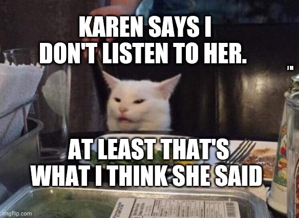 Salad cat | KAREN SAYS I DON'T LISTEN TO HER. J M; AT LEAST THAT'S WHAT I THINK SHE SAID | image tagged in salad cat | made w/ Imgflip meme maker