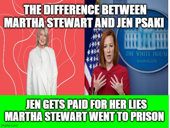 spot the difference | THE DIFFERENCE BETWEEN MARTHA STEWART AND JEN PSAKI; JEN GETS PAID FOR HER LIES MARTHA STEWART WENT TO PRISON | image tagged in blank white template | made w/ Imgflip meme maker