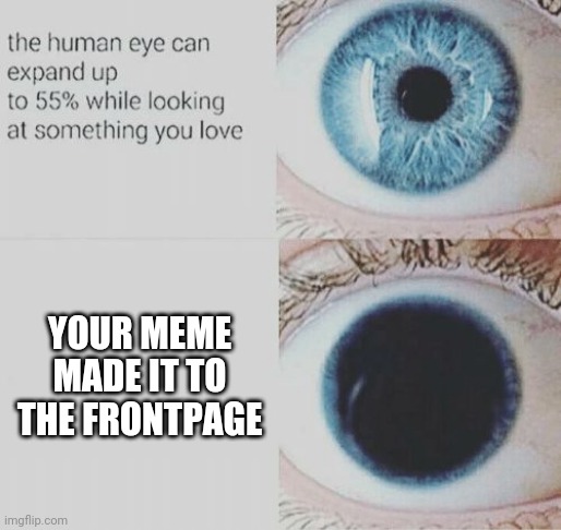 And this post will make it to the Frontpage, I Guess | YOUR MEME MADE IT TO THE FRONTPAGE | image tagged in memes,eye pupil expand,frontpage,funny because it's true,featured,i guess | made w/ Imgflip meme maker