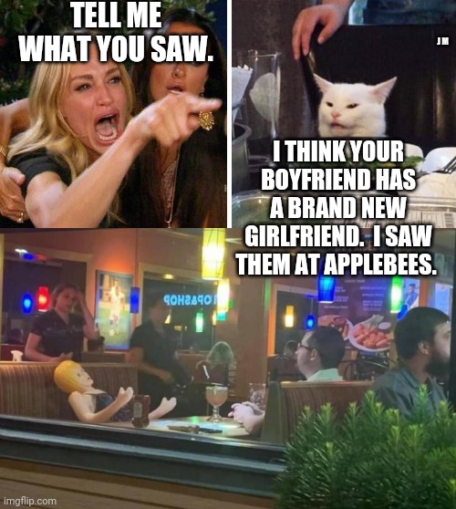 TELL ME WHAT YOU SAW. J M; I THINK YOUR BOYFRIEND HAS A BRAND NEW GIRLFRIEND.  I SAW THEM AT APPLEBEES. | image tagged in smudge the cat | made w/ Imgflip meme maker