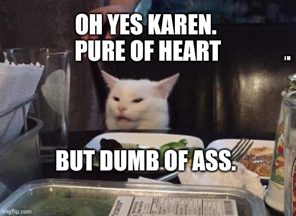 Salad cat | OH YES KAREN.  PURE OF HEART; J M; BUT DUMB OF ASS. | image tagged in salad cat | made w/ Imgflip meme maker