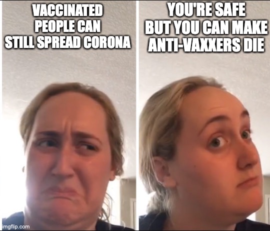 Covid vaccine | YOU'RE SAFE BUT YOU CAN MAKE ANTI-VAXXERS DIE; VACCINATED PEOPLE CAN STILL SPREAD CORONA | image tagged in kombucha girl,anti-vaxx,pro-vaxx,covid-19,conspiracy | made w/ Imgflip meme maker