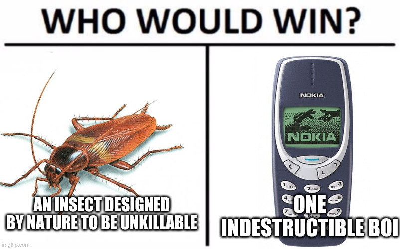 Nokia > nature | AN INSECT DESIGNED BY NATURE TO BE UNKILLABLE; ONE INDESTRUCTIBLE BOI | image tagged in nokia 3310,cockroach,funny | made w/ Imgflip meme maker