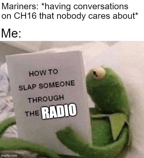 annoying mariners | Mariners: *having conversations on CH16 that nobody cares about*; Me:; RADIO | image tagged in kermit how to slap someone through the internet,uscg,coast guard,military,kermit | made w/ Imgflip meme maker