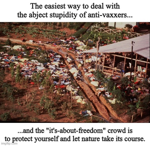 You get a Darwin Award and you get a Darwin Award...ALL YOUR ILK GET A DARWIN AWARD!! | The easiest way to deal with the abject stupidity of anti-vaxxers... ...and the "it's-about-freedom" crowd is to protect yourself and let nature take its course. | image tagged in jonestown massacre,morons,natural selection | made w/ Imgflip meme maker