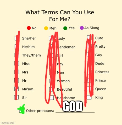 Narcissistic me | GOD | image tagged in pronouns sheet | made w/ Imgflip meme maker